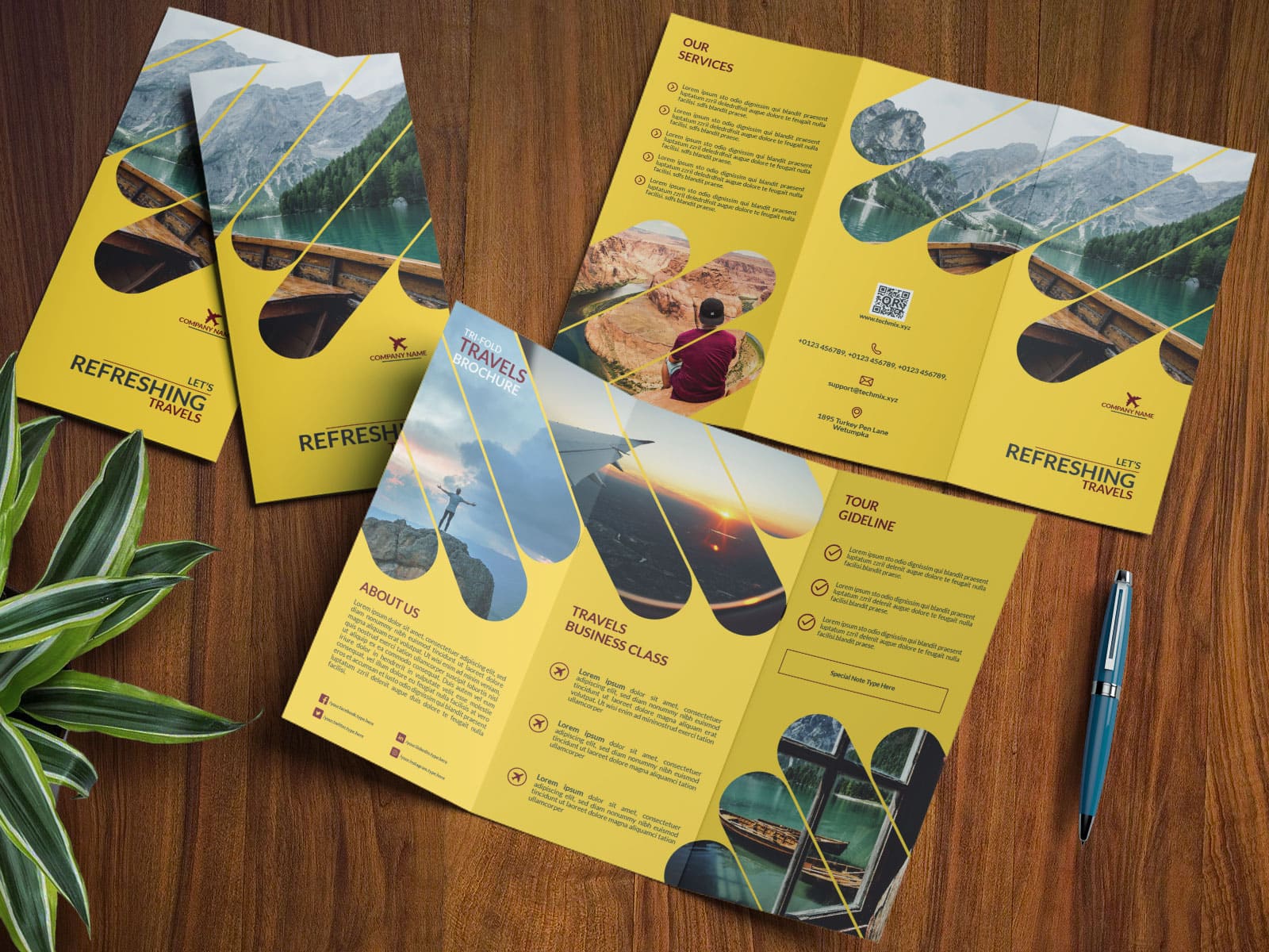 Travel Tri Fold Brochure Design Template YELLOW-MOCKUP